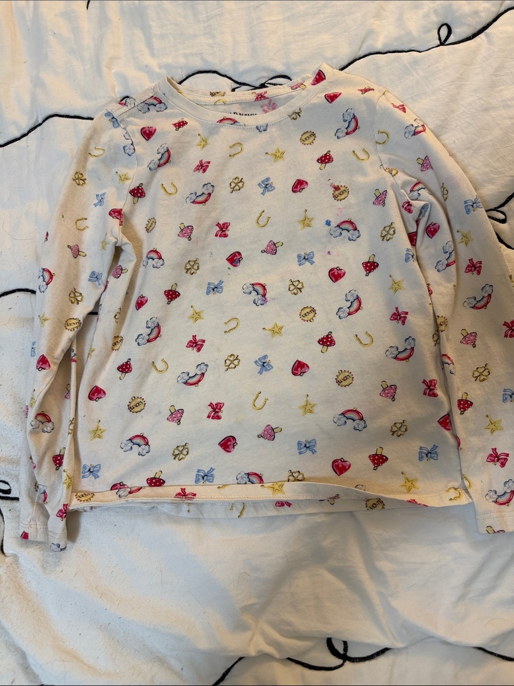 Kids Long-Sleeve Top in Cream with Rainbow & Heart Print